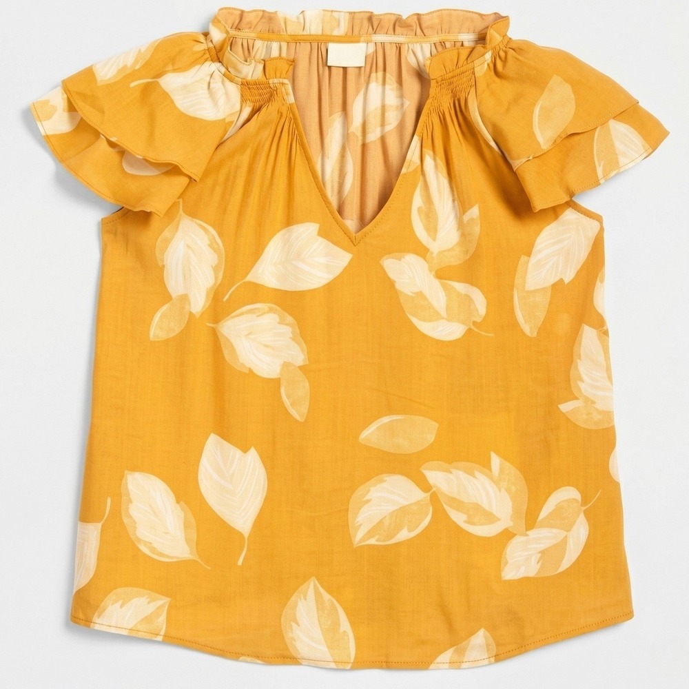 A New Day NWT Womens XS Yellow White Leaf Print Flutter Sleeve V Neck Rayon Top - Picture 2 of 8